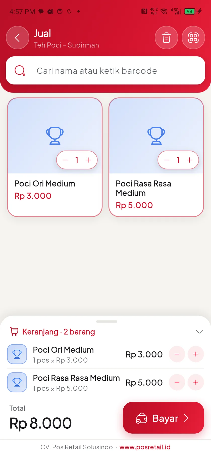 Layar Jual PRS MiniPos dengan keranjang berisi dua barang dan total Rp 8.000