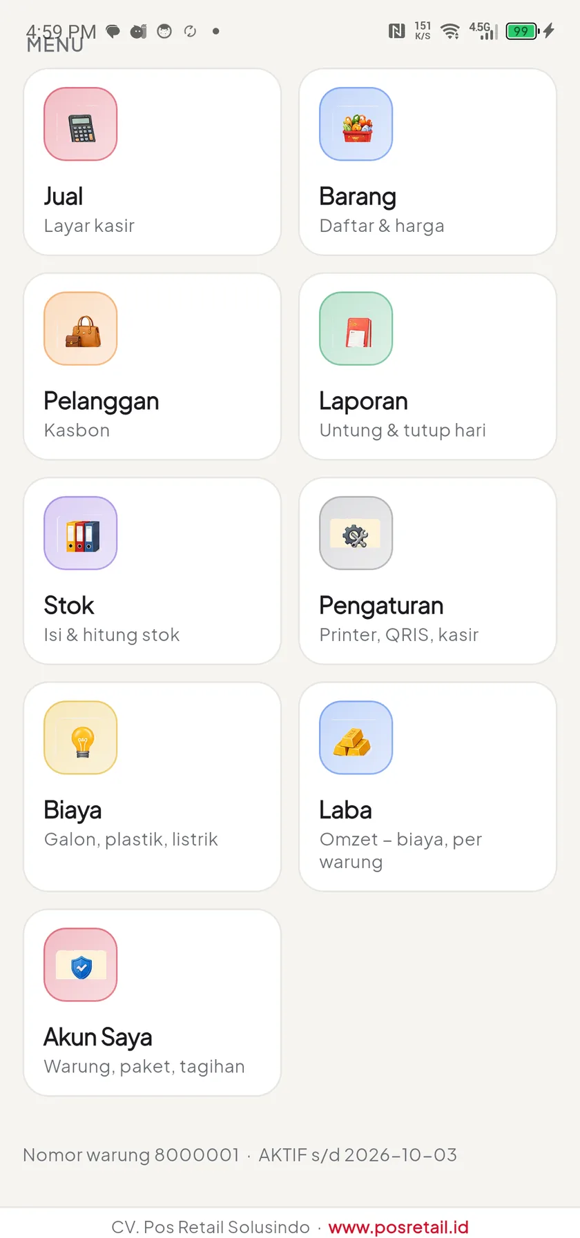Layar menu PRS MiniPos: Jual, Barang, Pelanggan, Laporan, Stok, Pengaturan, Biaya, Laba, dan Akun Saya