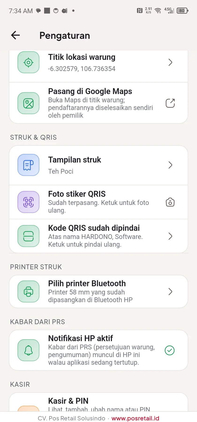 Layar Pengaturan PRS MiniPos: kode QRIS, deteksi pembayaran masuk, printer, dan kasir