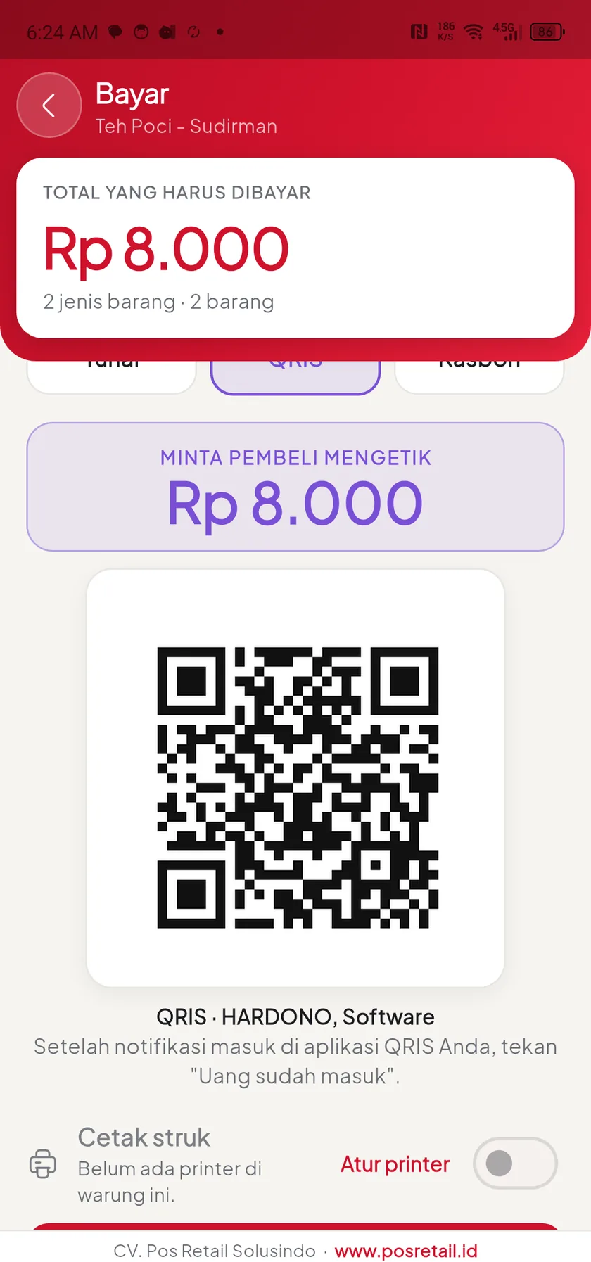 Layar bayar QRIS PRS MiniPos: nominal Rp 8.000 ditulis besar di atas kode QRIS warung